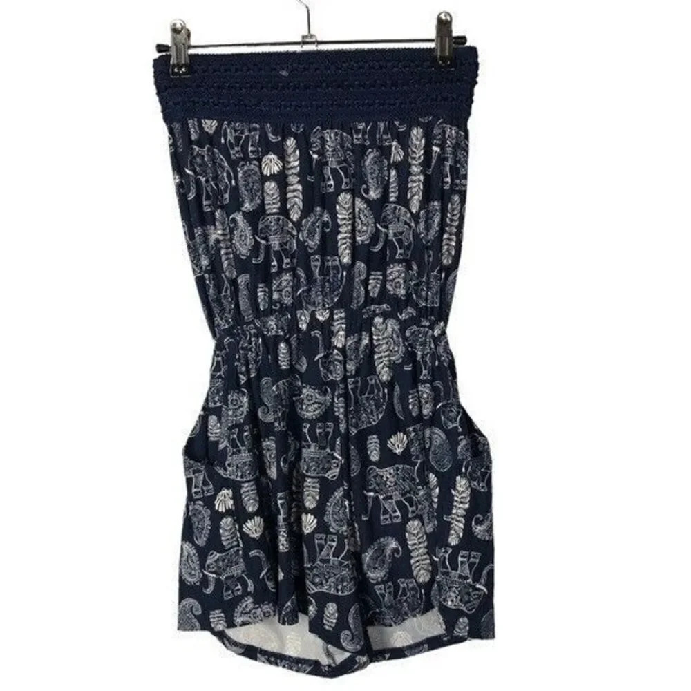 Derek Heart Blue & White Elephant Strapless Romper S